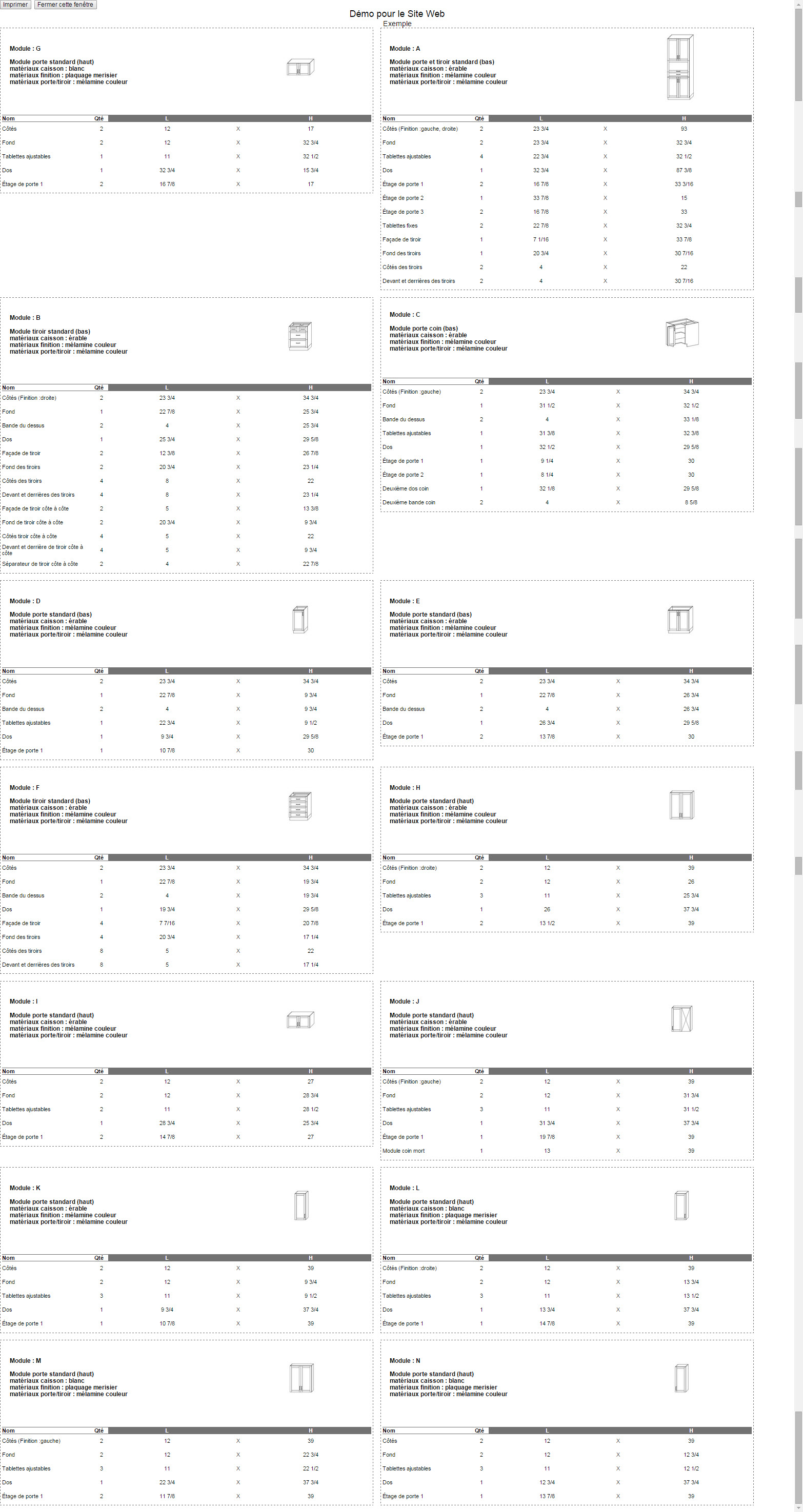 Liste de débitage des caissons de cuisines