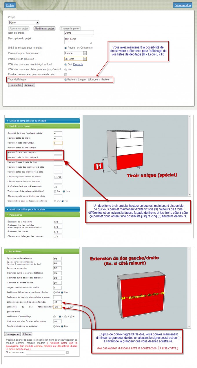 Paramètres du logiciel d'armoire de cuisine