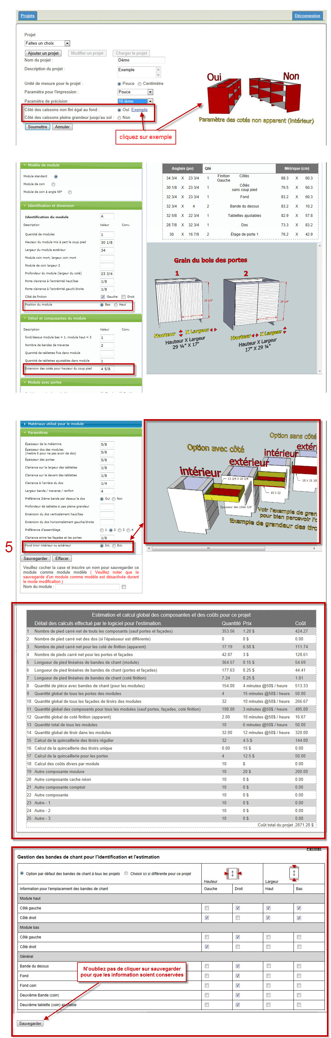 Paramètres du logiciel d'armoire de cuisine