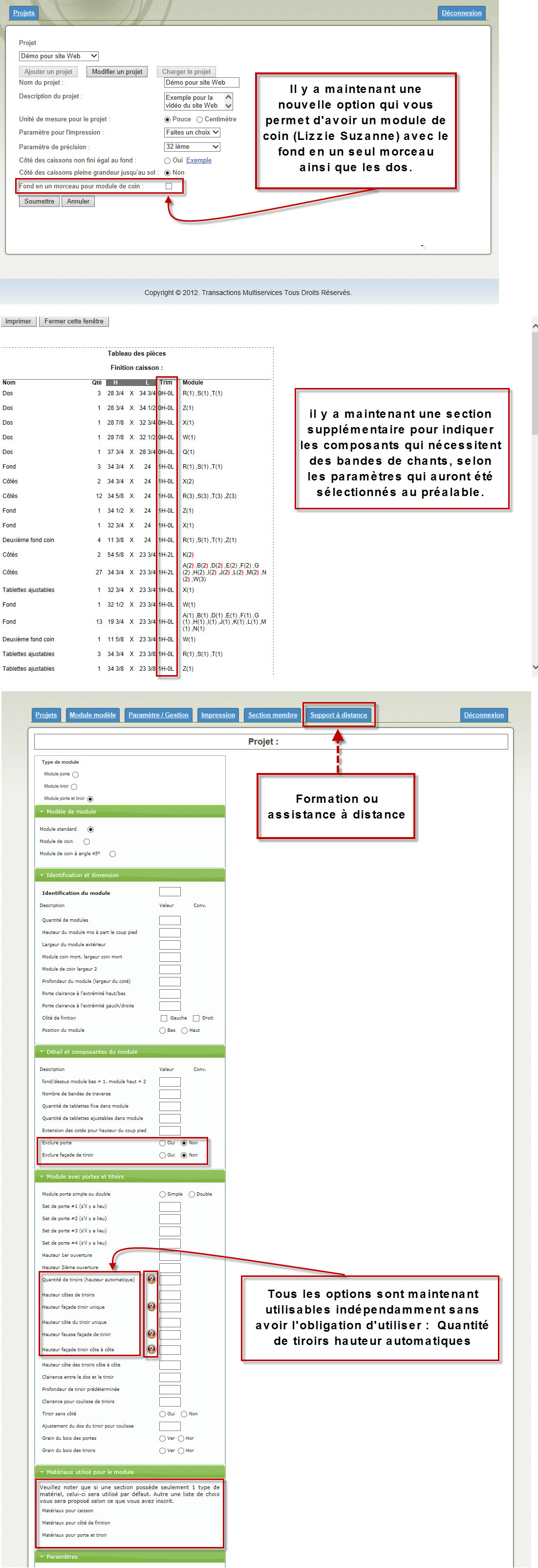 Paramètres du logiciel d'armoire de cuisine