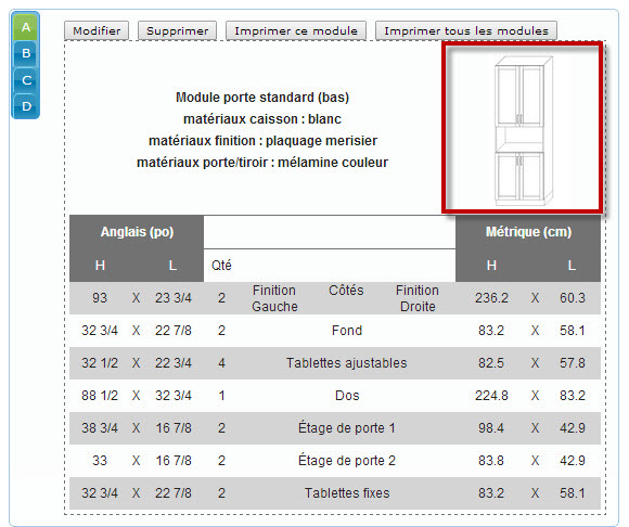 Tableau de bord du logiciel d’armoire de cuisine Dessins 3D de la conception réalisée pour le caisson d'armoire de cuisine